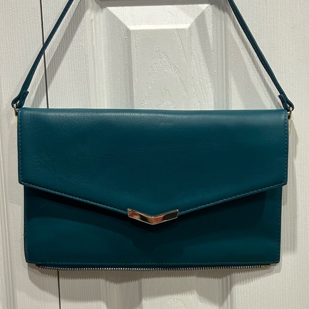 TARA Teal Leather Envelope Clutch – Gold Details, Zip-Off Strap, Evening Bag